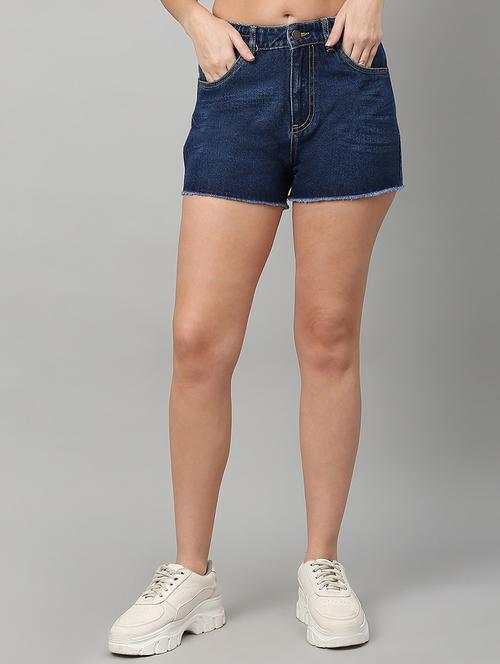 women solid mid rise denim shorts - 21991218 - Standard Image - 0