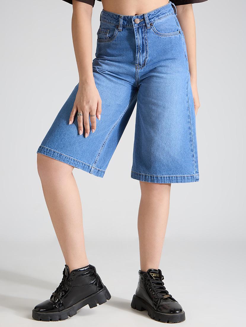women solid high rise denim bermuda short - 21991220 - Zoom Image - 0