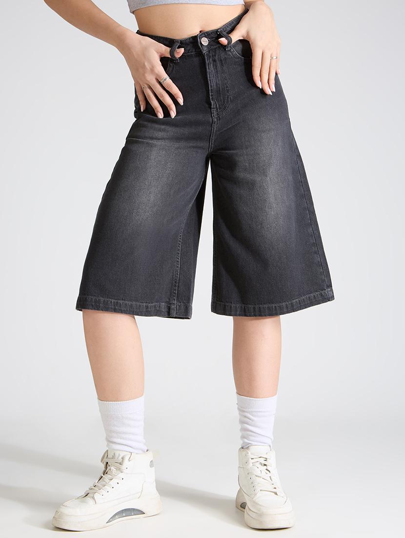 women washed high rise denim bermuda short