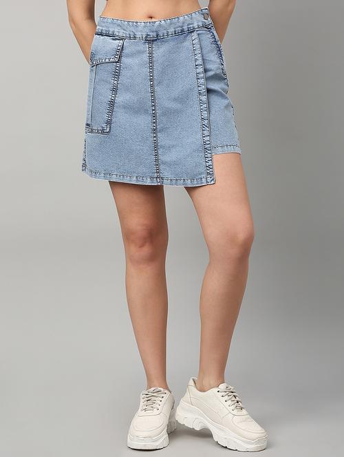 women solid high rise denim skorts - 21991222 - Standard Image - 0