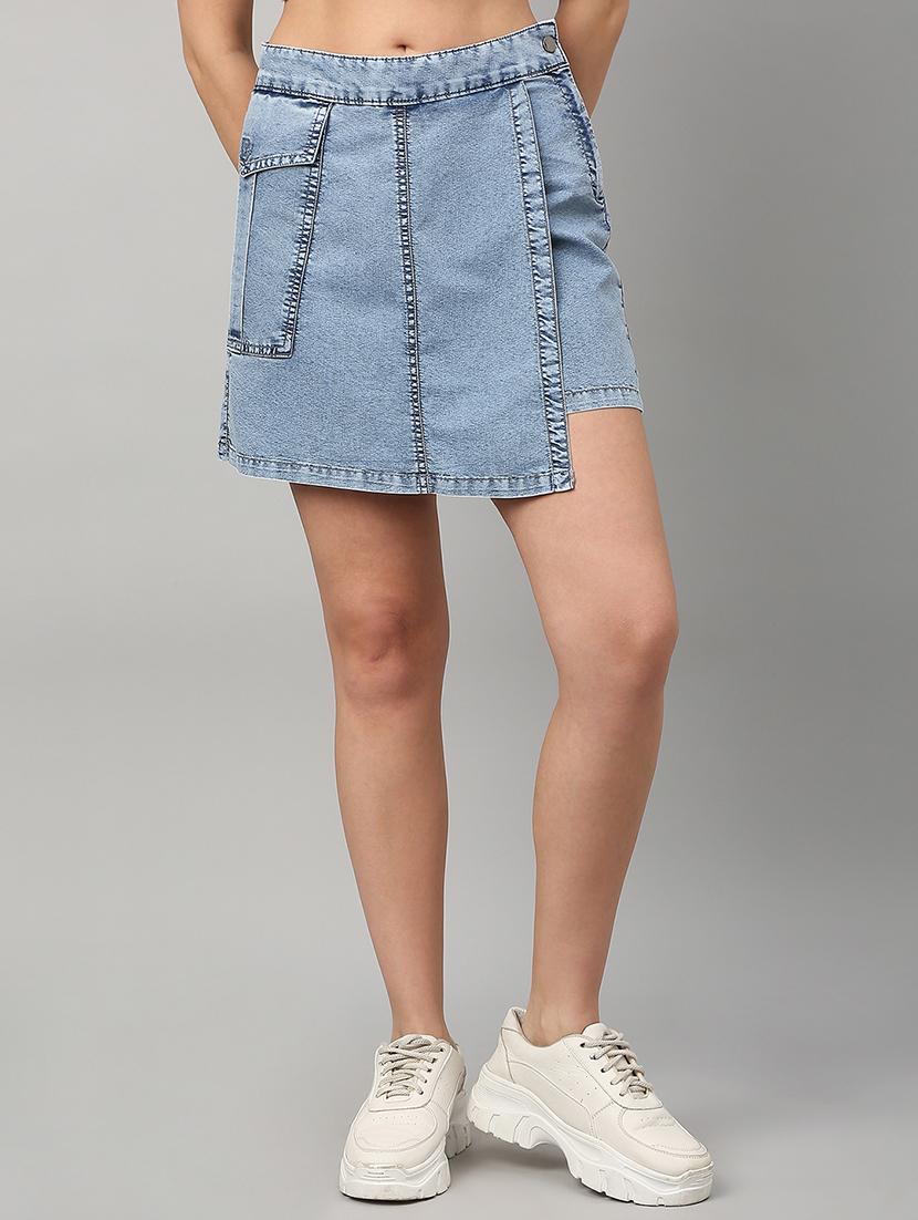 women solid high rise denim skorts