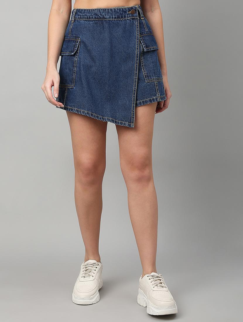 women solid high rise denim skorts