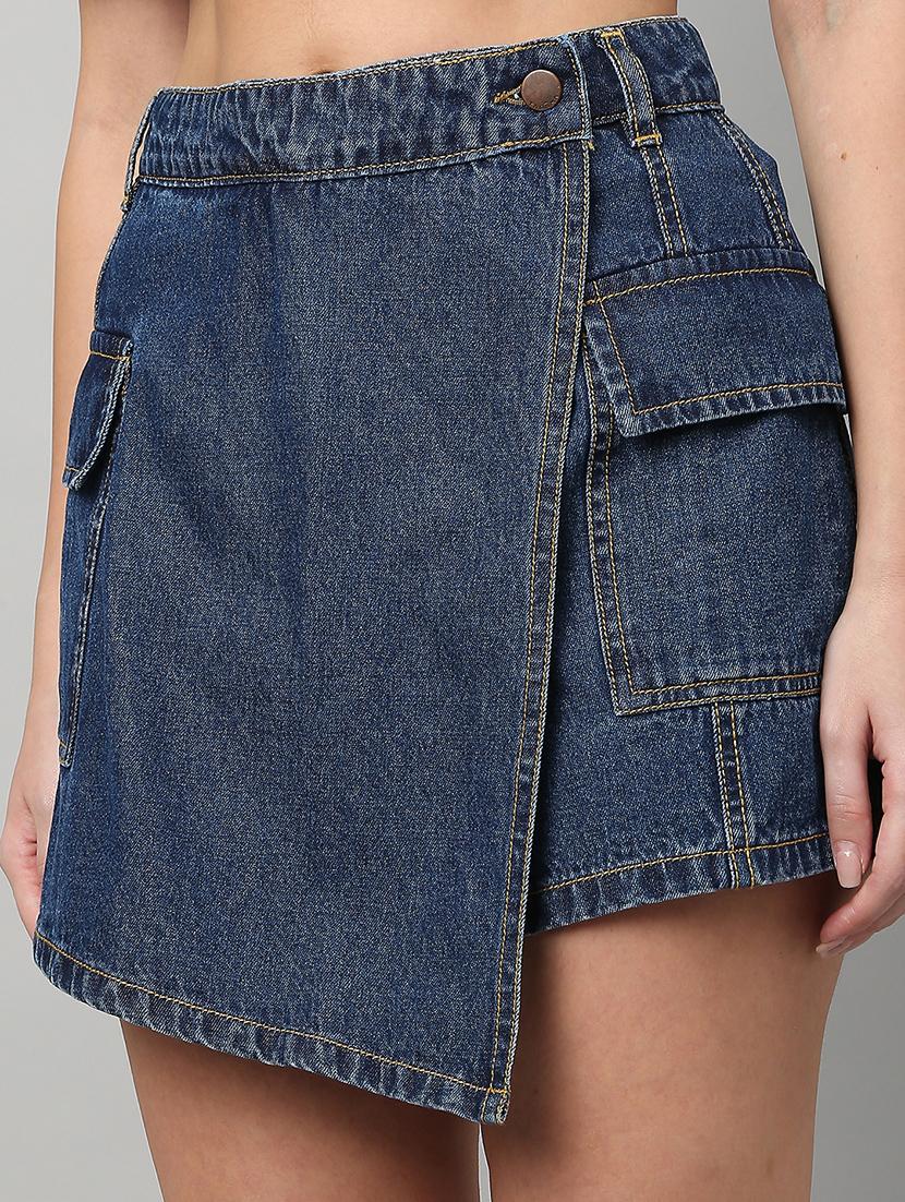 women solid high rise denim skorts - 21991223 - Standard Image - 5