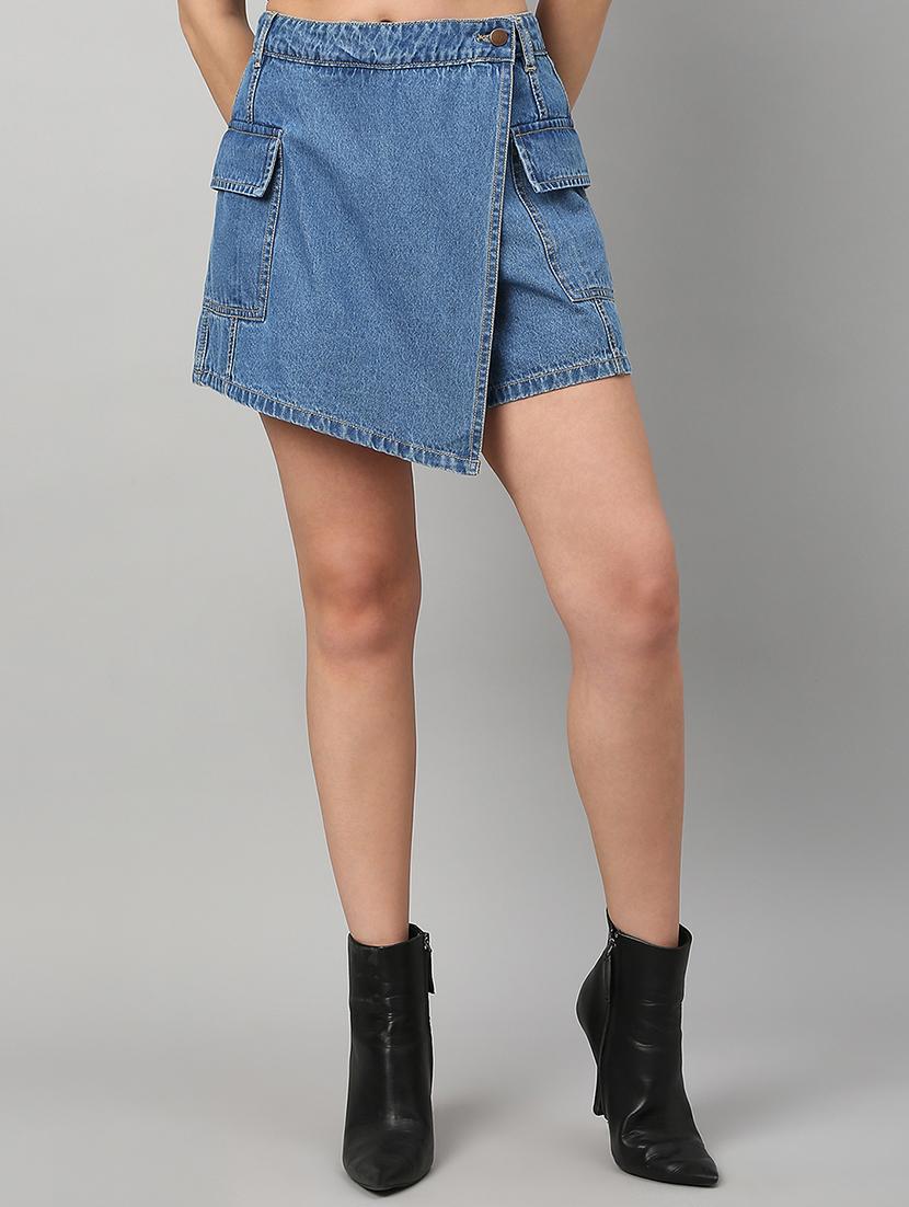women solid high rise denim skorts