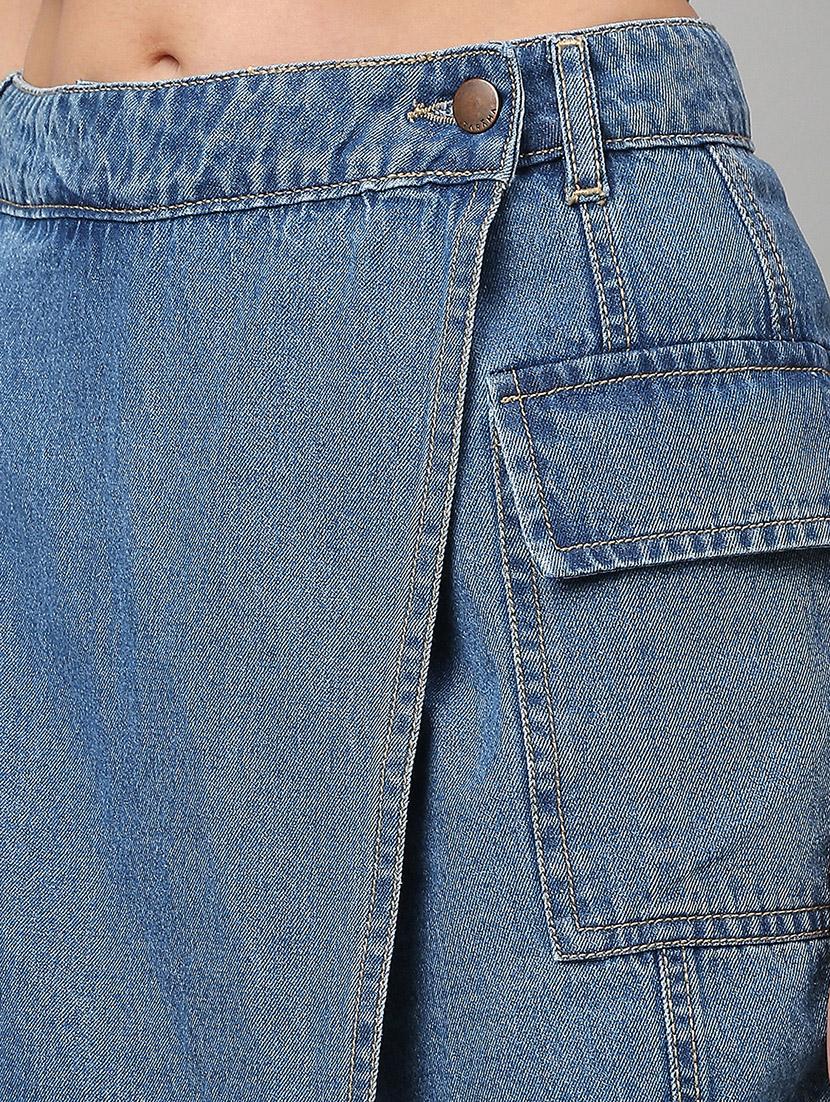 women solid high rise denim skorts - 21991224 - Standard Image - 5