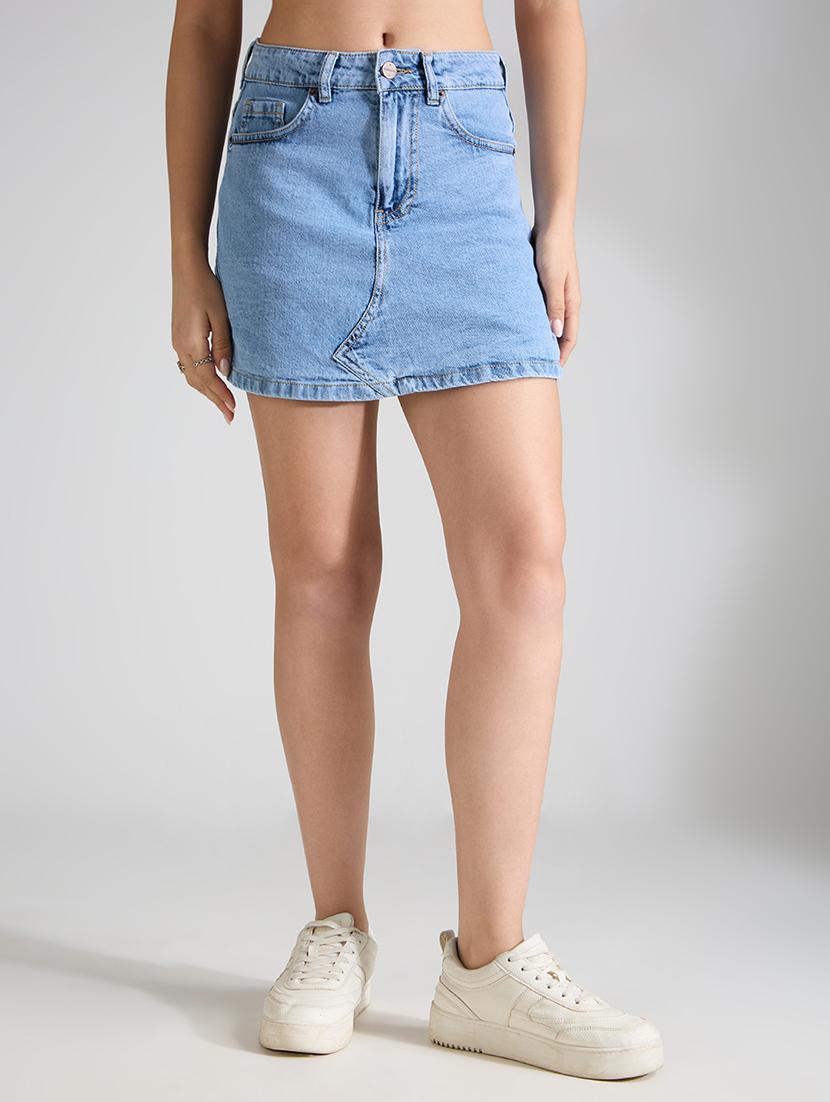 women solid high rise denim skorts