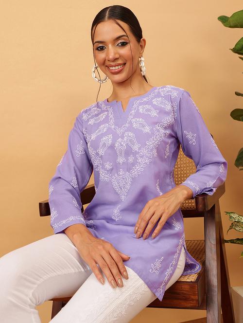 women solid with work long sleeve chikankari kurti - 21991226 - Standard Image - 0