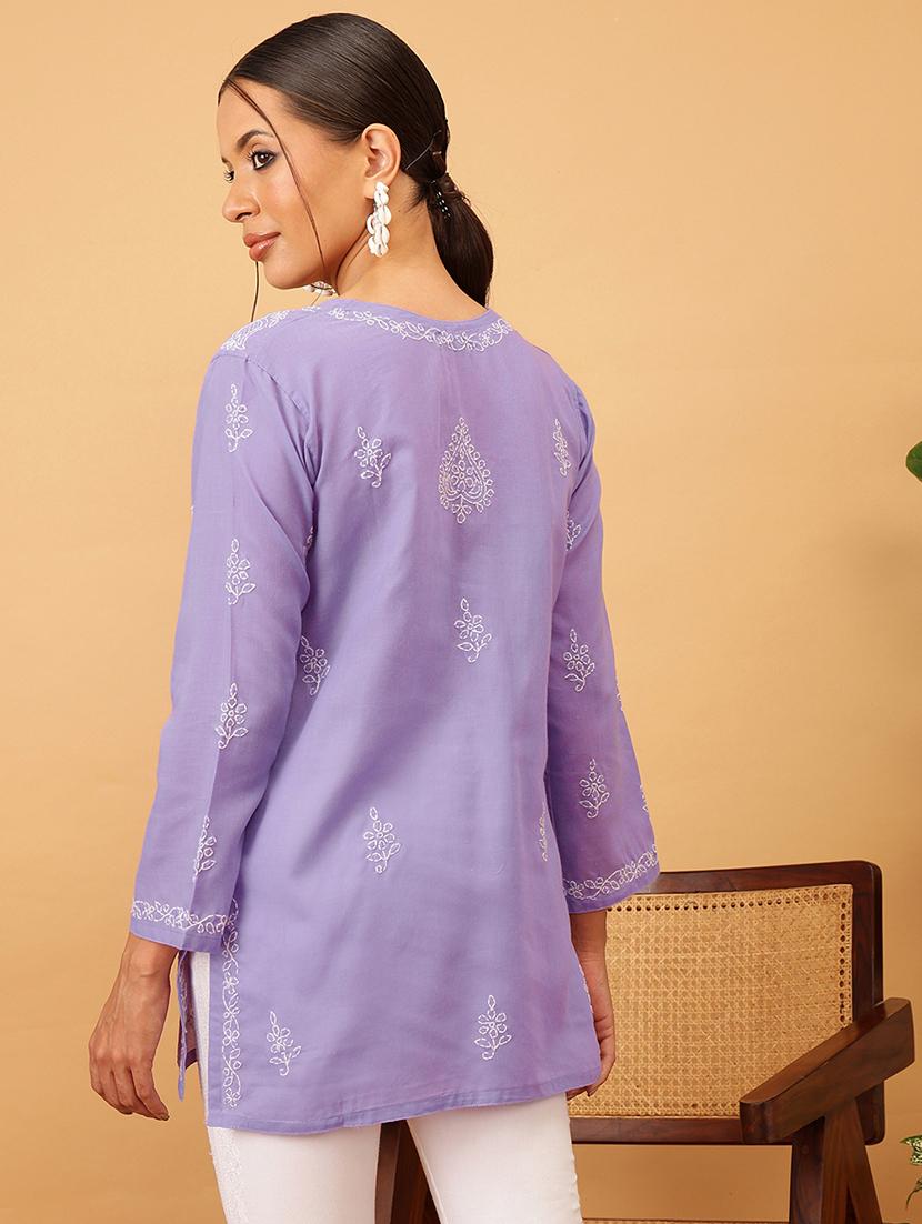 women solid with work long sleeve chikankari kurti - 21991226 - Standard Image - 3