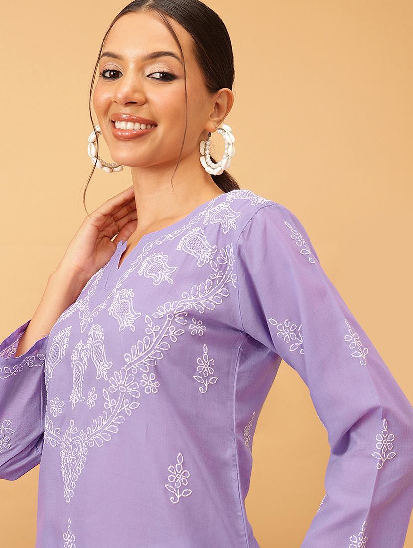 women solid with work long sleeve chikankari kurti - 21991226 - Standard Image - 5