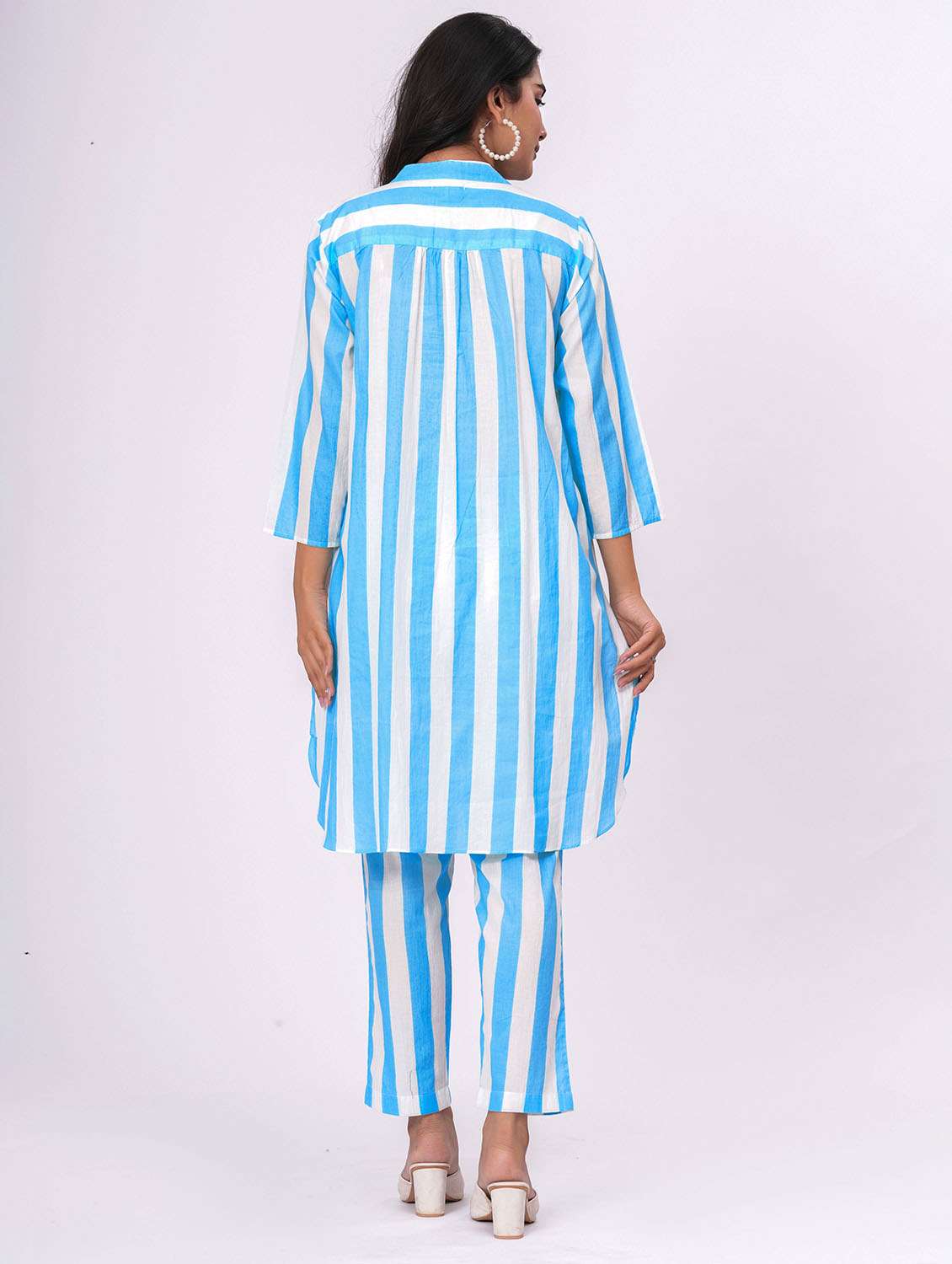 women striped three quarter sleeve ethnic co-ord set - 21991261 - Standard Image - 3