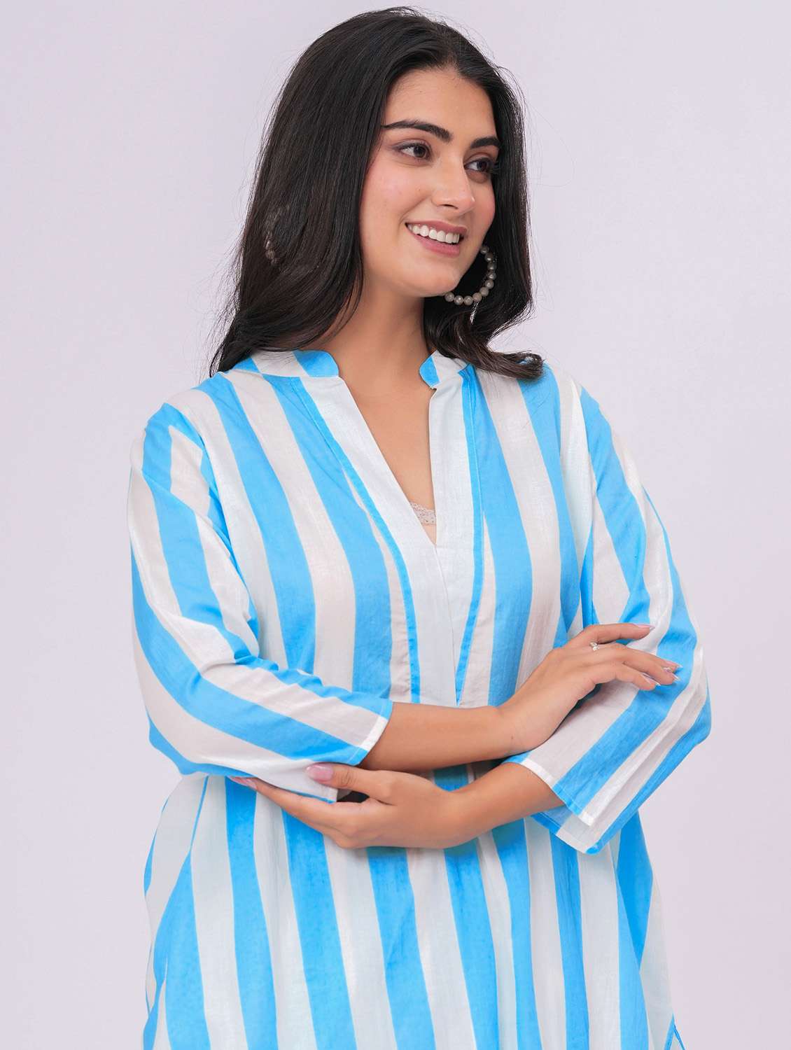 women striped three quarter sleeve ethnic co-ord set - 21991261 - Standard Image - 5