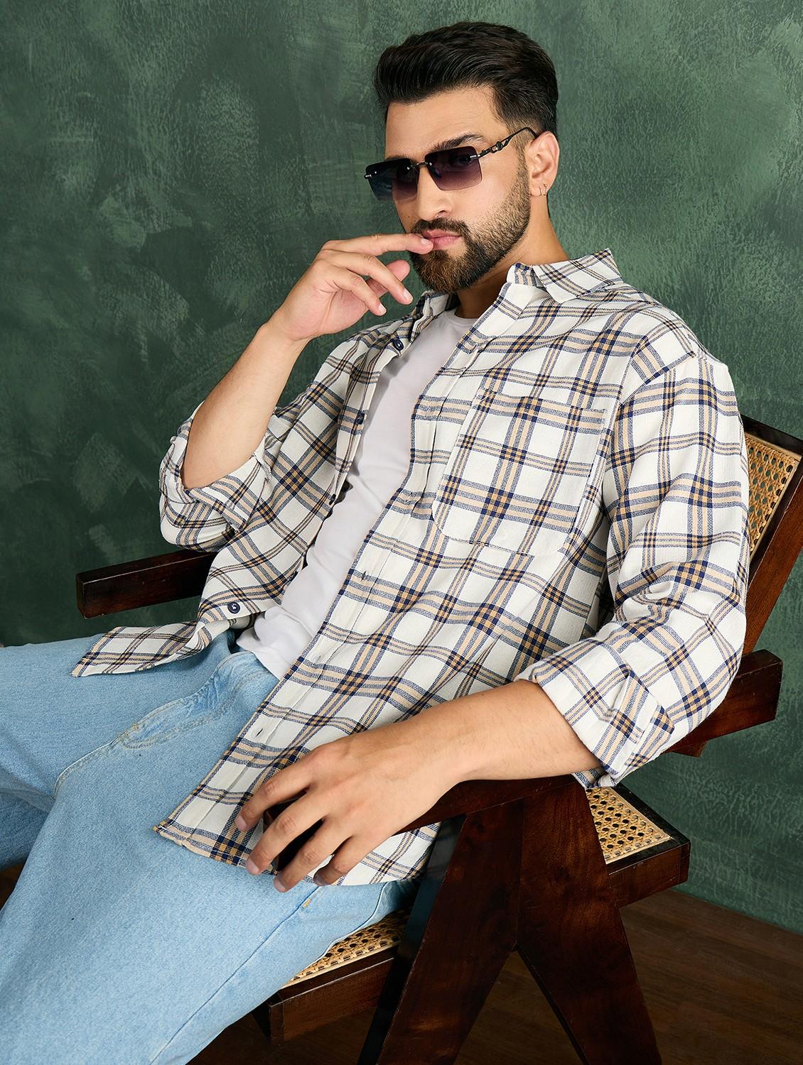 men checkered collared long sleeve oversized shirt - 21991272 -  Zoom Image - 0