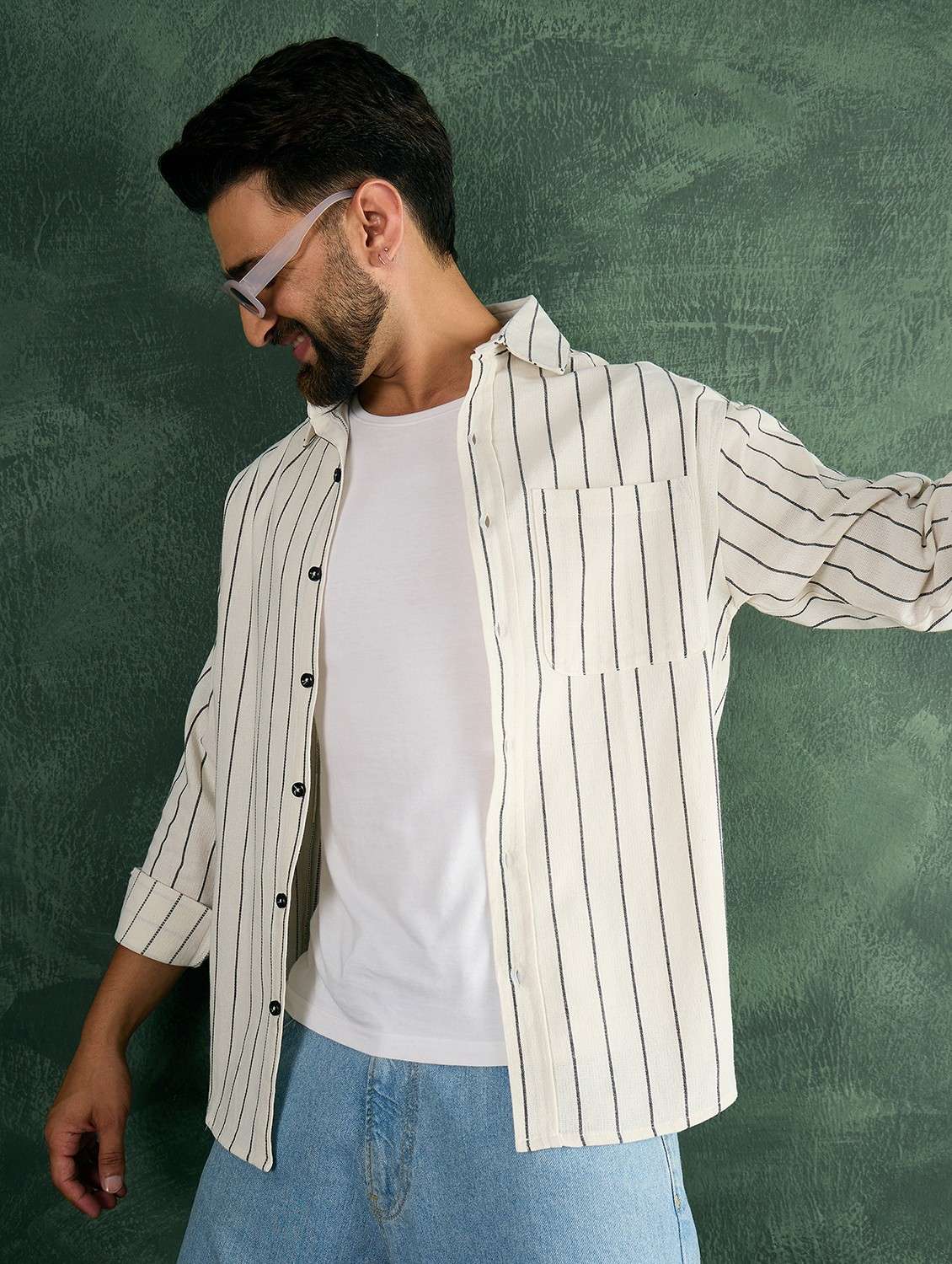 men striped collared long sleeve oversized shirt