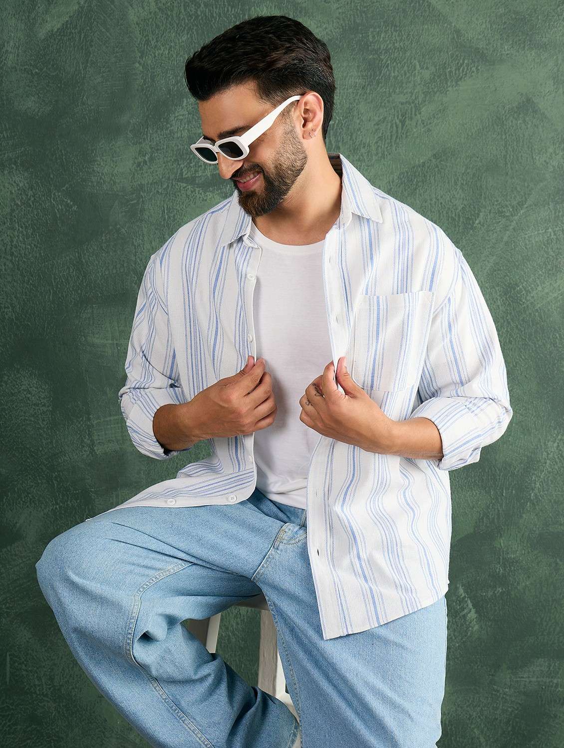 men striped collared long sleeve oversized shirt