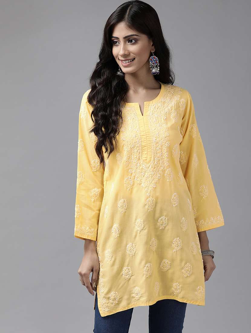 women solid with work long sleeve chikankari kurti