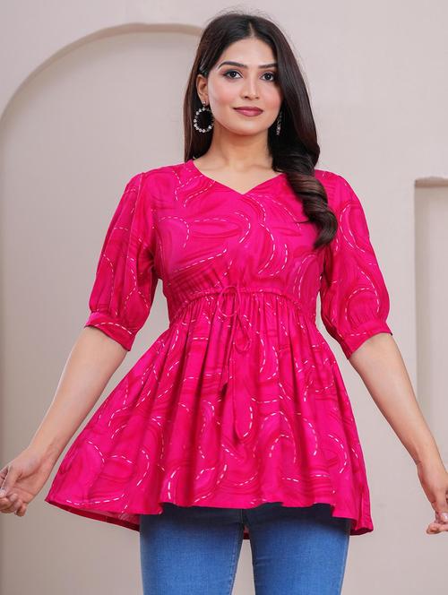 women printed puff sleeve peplum top - 21991355 - Standard Image - 0