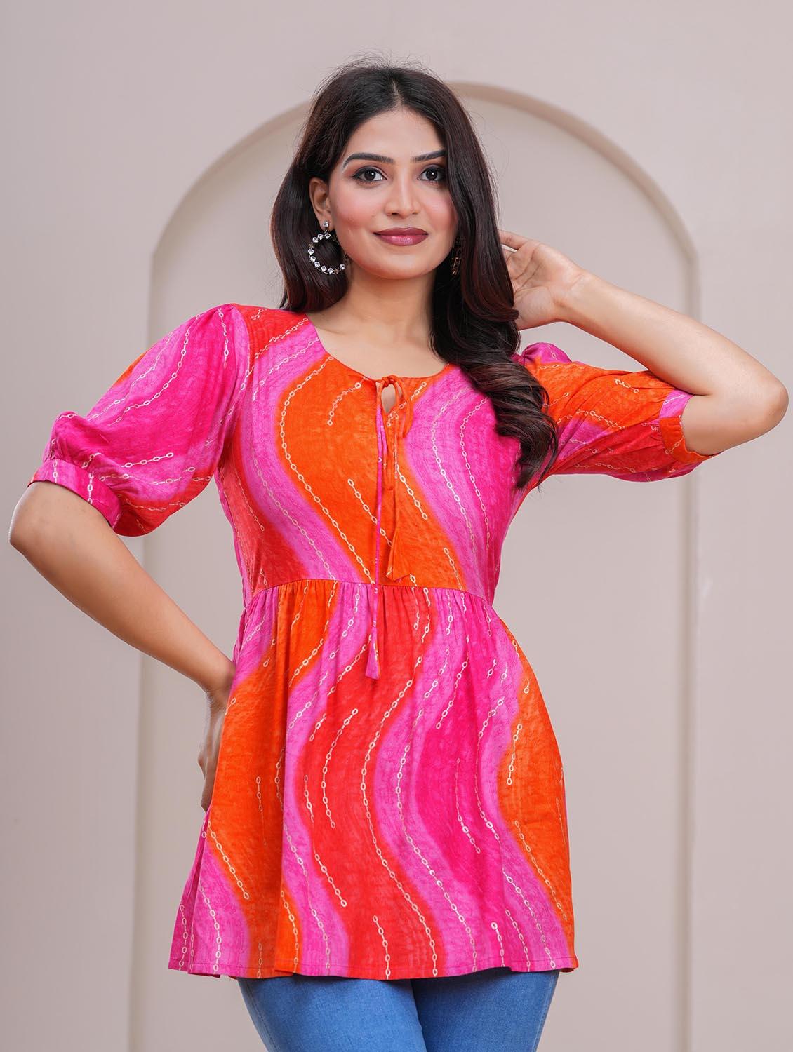 women printed puff sleeve a-line top