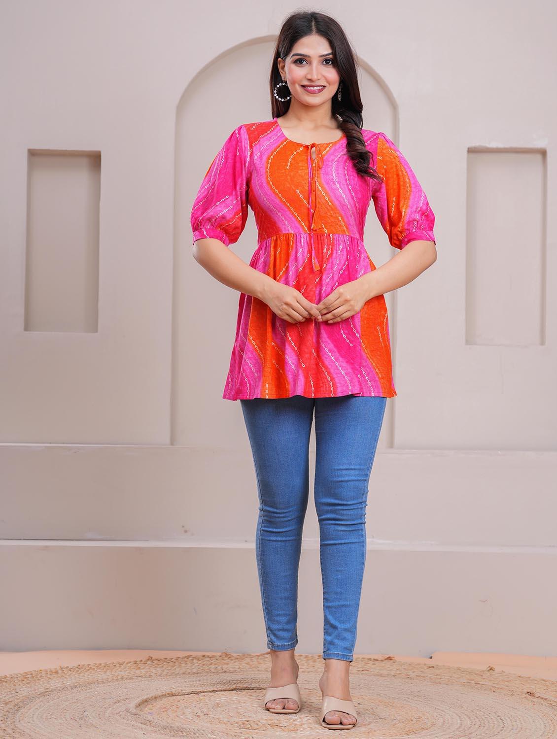 women printed puff sleeve a-line top - 21991358 - Standard Image - 3