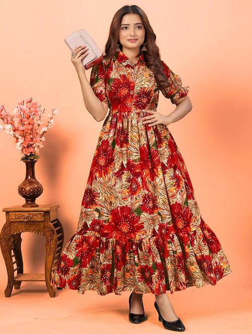 women printed collared puff sleeve tiered dress - 21991369 -  Standard Image - 0