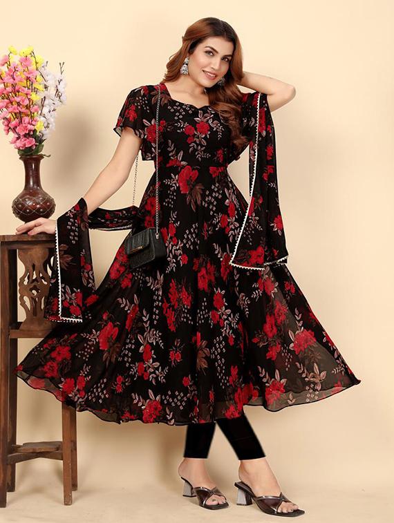 women floral print flared sleeve kurta and dupatta set