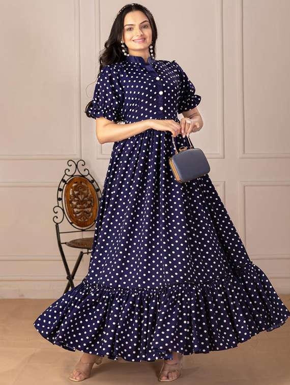 women polka doted puff sleeve tiered maxi dress