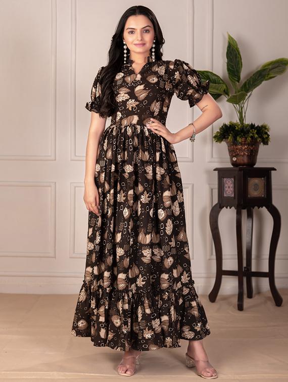 women printed puff sleeve tiered maxi dress