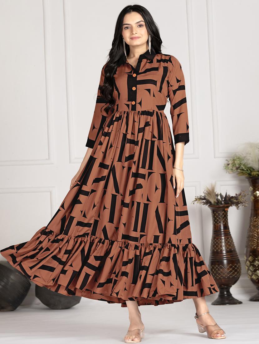 women printed collared tiered maxi dress