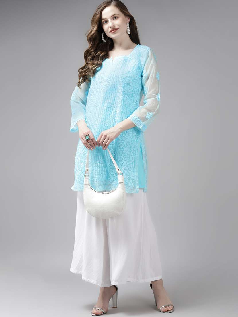 women solid with work long sleeve chikankari kurti - 21991571 -  Standard Image - 3