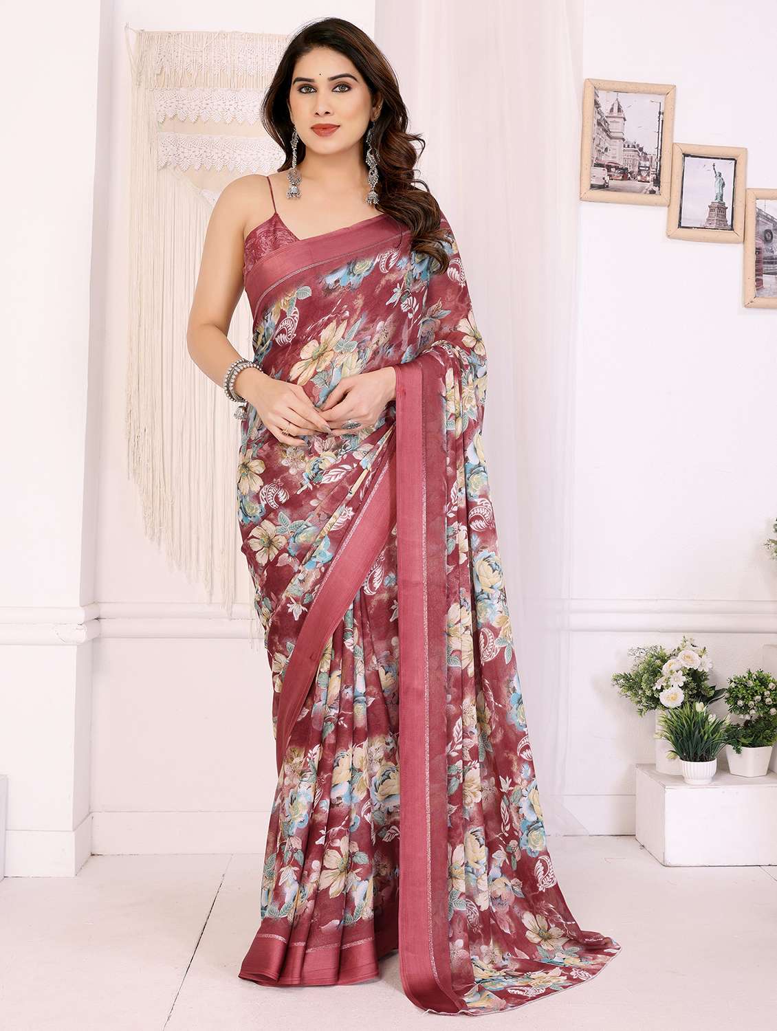 women floral printed saree with blouse