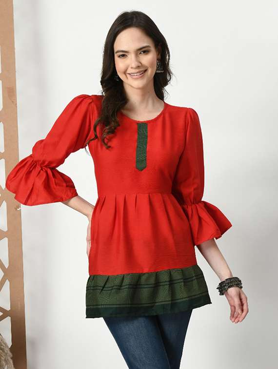 women solid bell sleeve tiered kurti - 21991797 -  Standard Image - 3