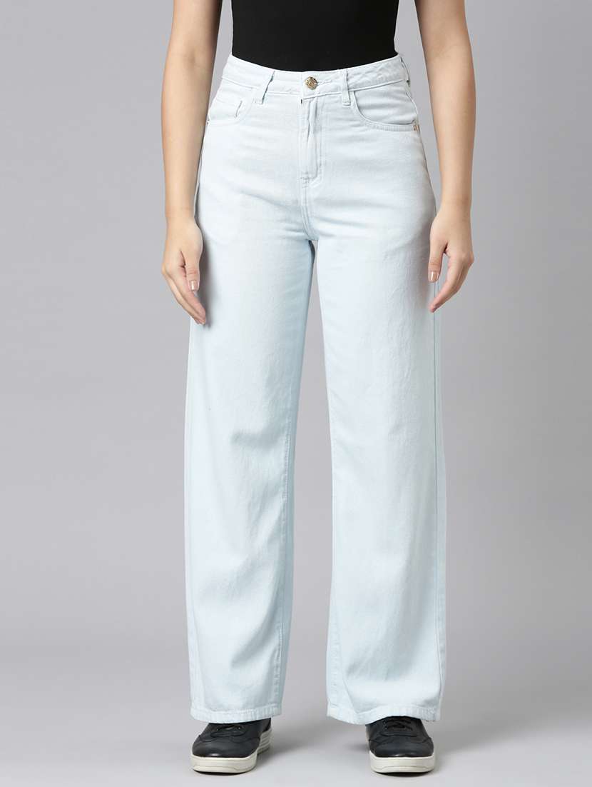 women solid high rise wide leg jean