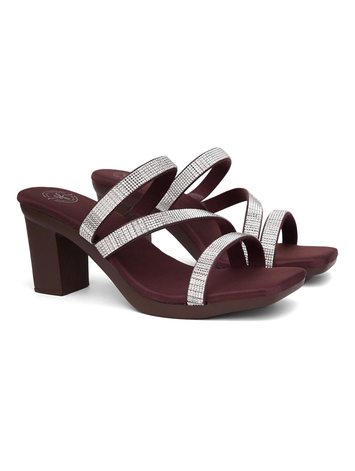 women brown embellished slip on block heels
