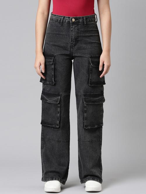 women solid high rise relaxed fit cargo - 21991875 - Standard Image - 0