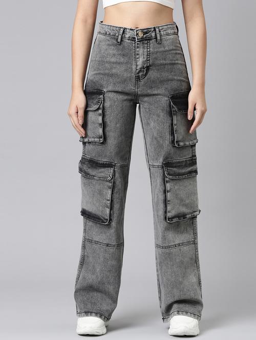 women solid high rise relaxed fit cargo - 21991876 - Standard Image - 0