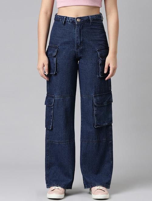 women solid high rise relaxed fit cargo - 21991877 - Standard Image - 0