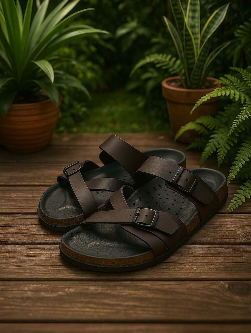 men brown slip on sandal