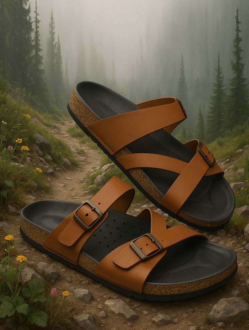 men tan slip on sandal