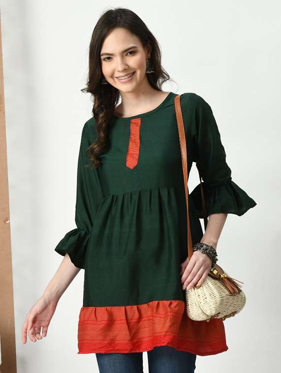 women color blocked bell sleeve tiered kurti