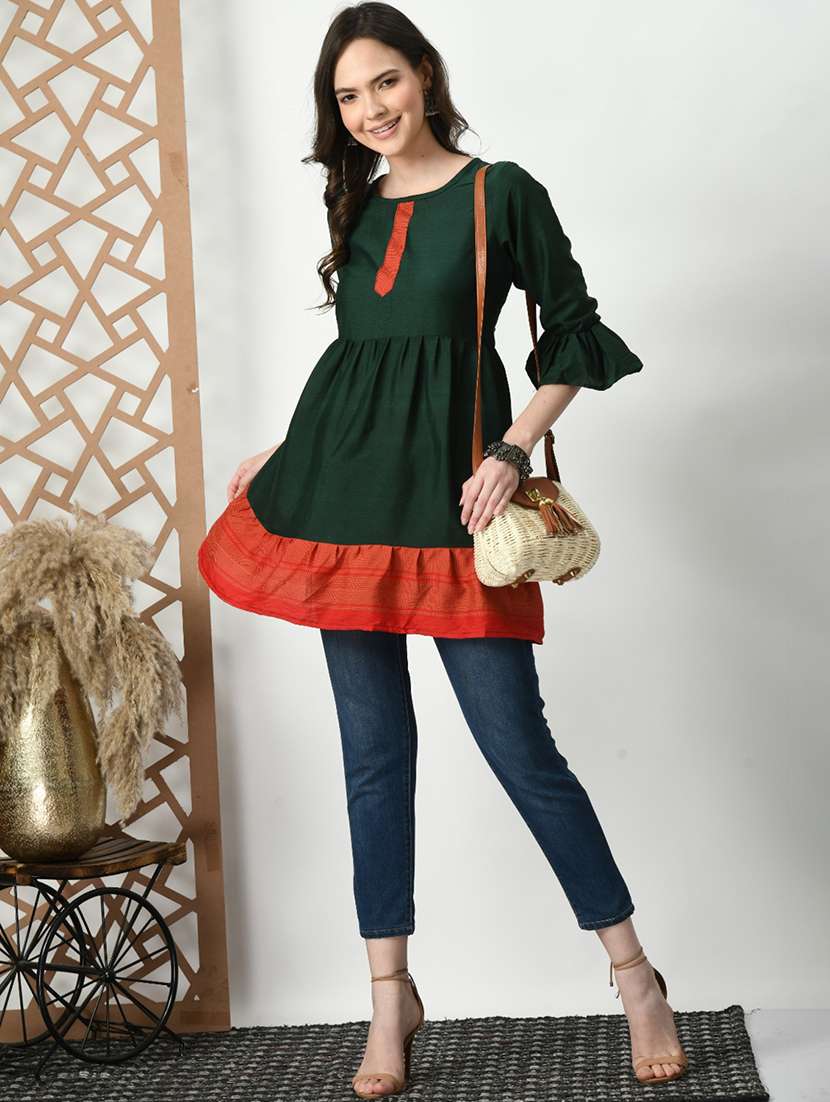 women color blocked bell sleeve tiered kurti - 21992218 -  Standard Image - 5