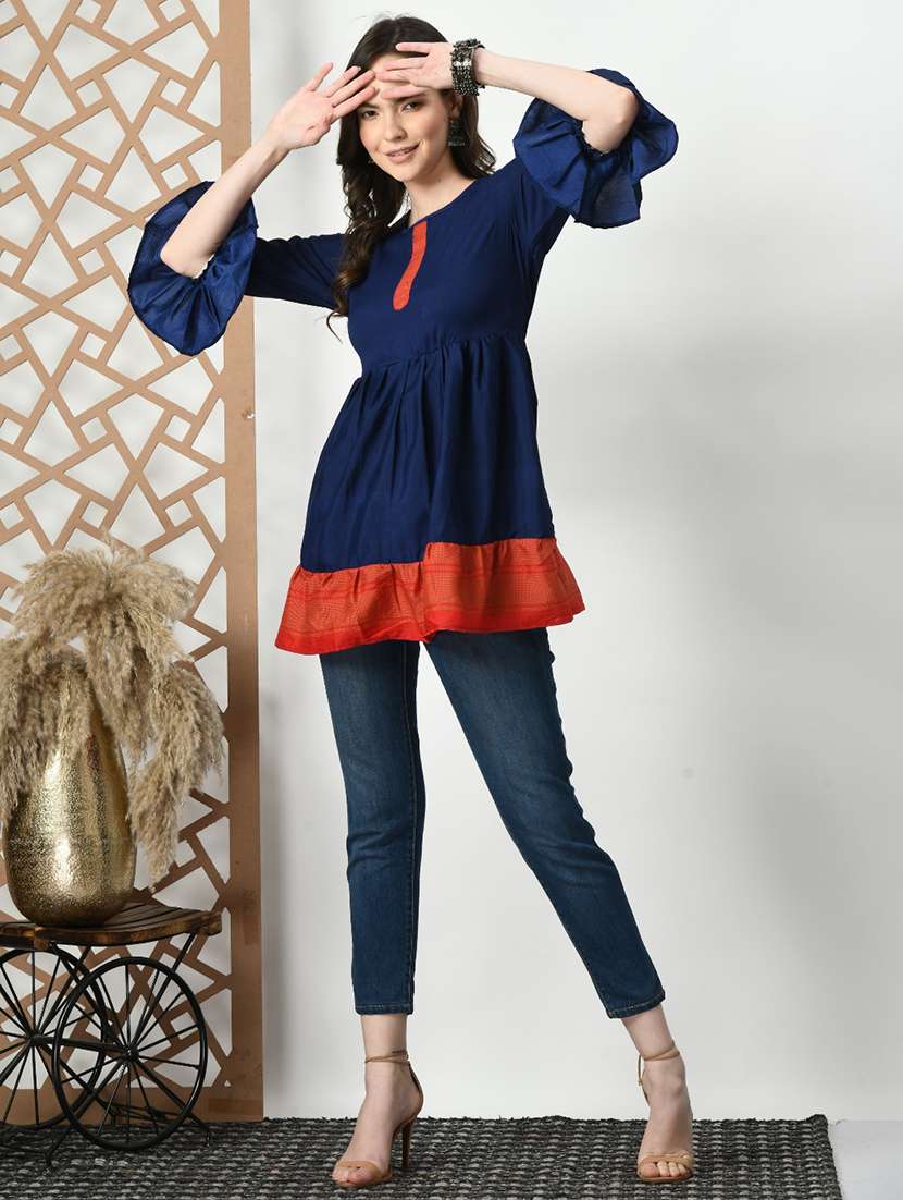 women color blocked bell sleeve tiered kurti - 21992219 -  Standard Image - 5