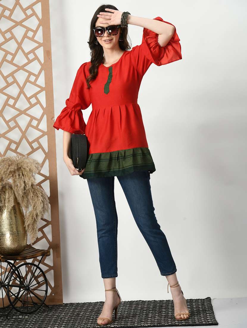 women color blocked bell sleeve tiered kurti - 21992220 -  Standard Image - 5