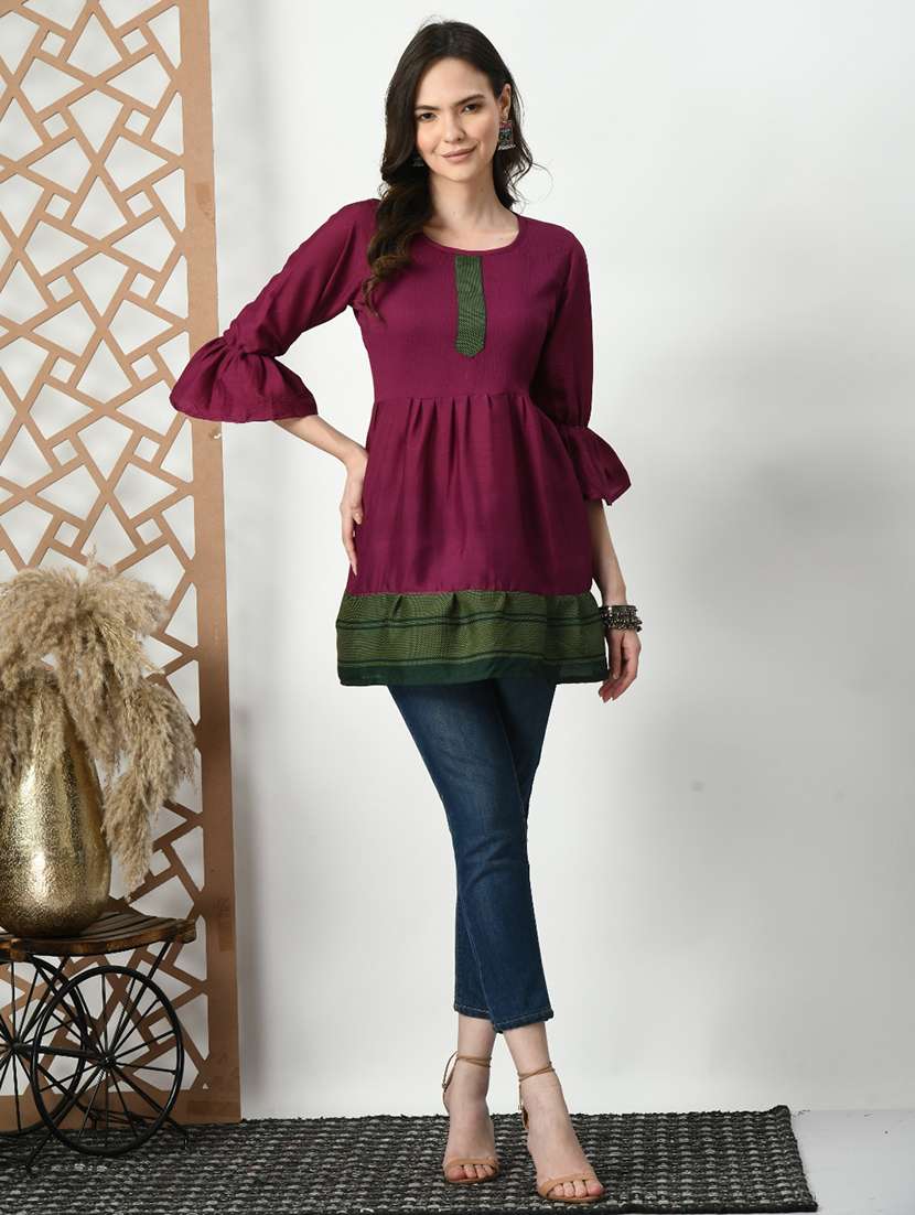 women color blocked bell sleeve tiered kurti - 21992221 -  Standard Image - 5