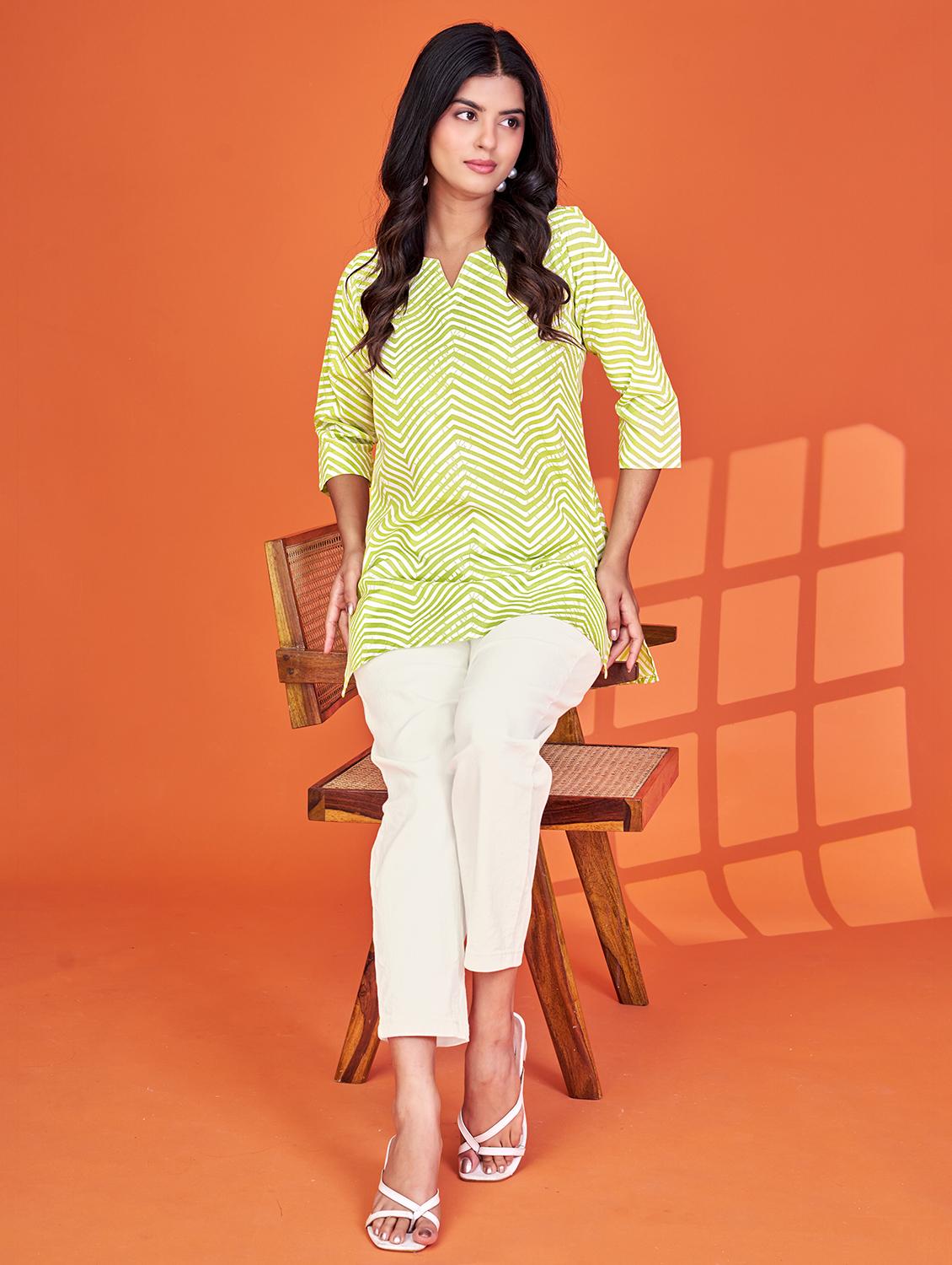 women chevron print three quarter sleeve straight kurti - 21992222 - Standard Image - 3