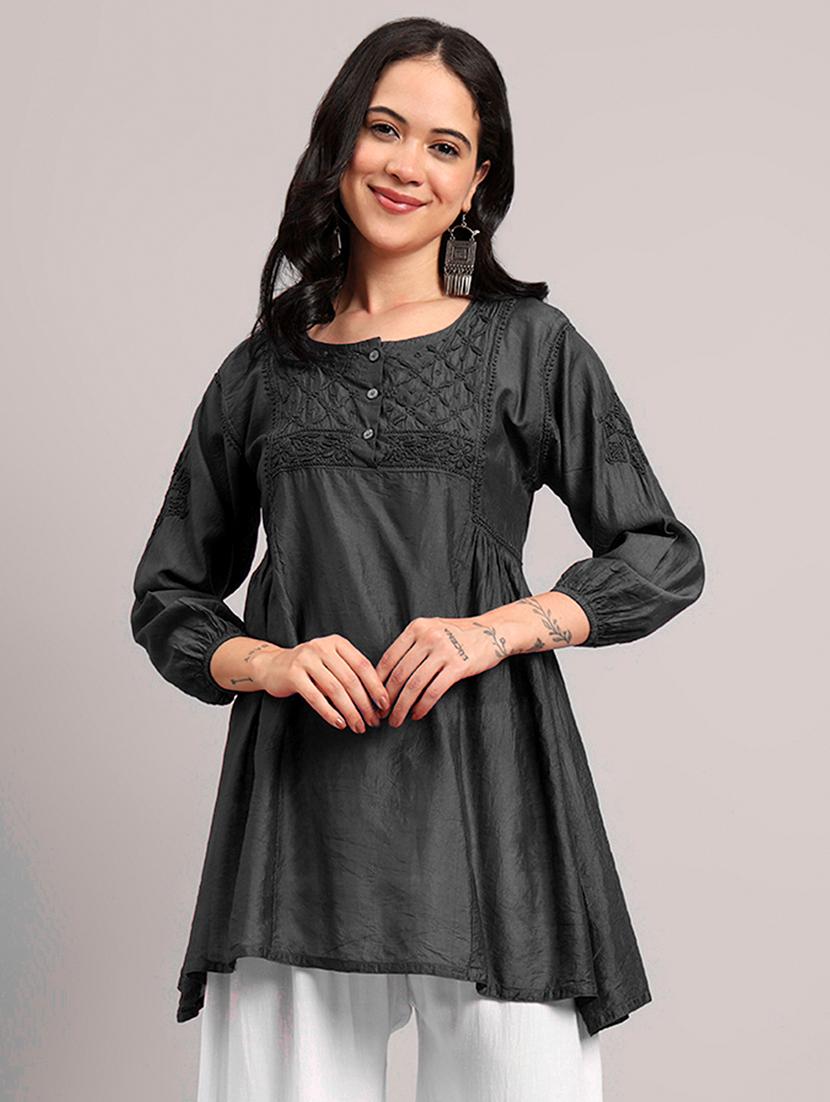 women solid with work round neck a-line chikankari kurti - 21992357 -  Zoom Image - 0