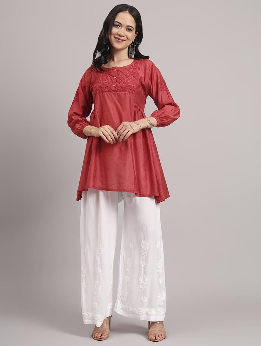 women solid with work round neck a-line chikankari kurti