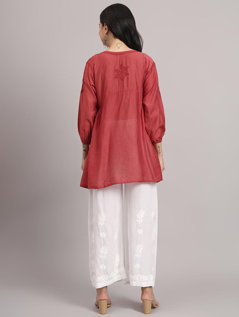 women solid with work round neck a-line chikankari kurti - 21992358 - Standard Image - 3