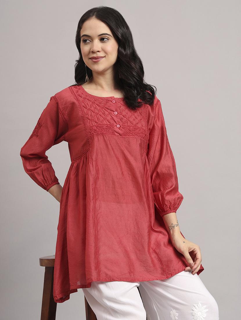 women solid with work round neck a-line chikankari kurti - 21992358 - Standard Image - 5