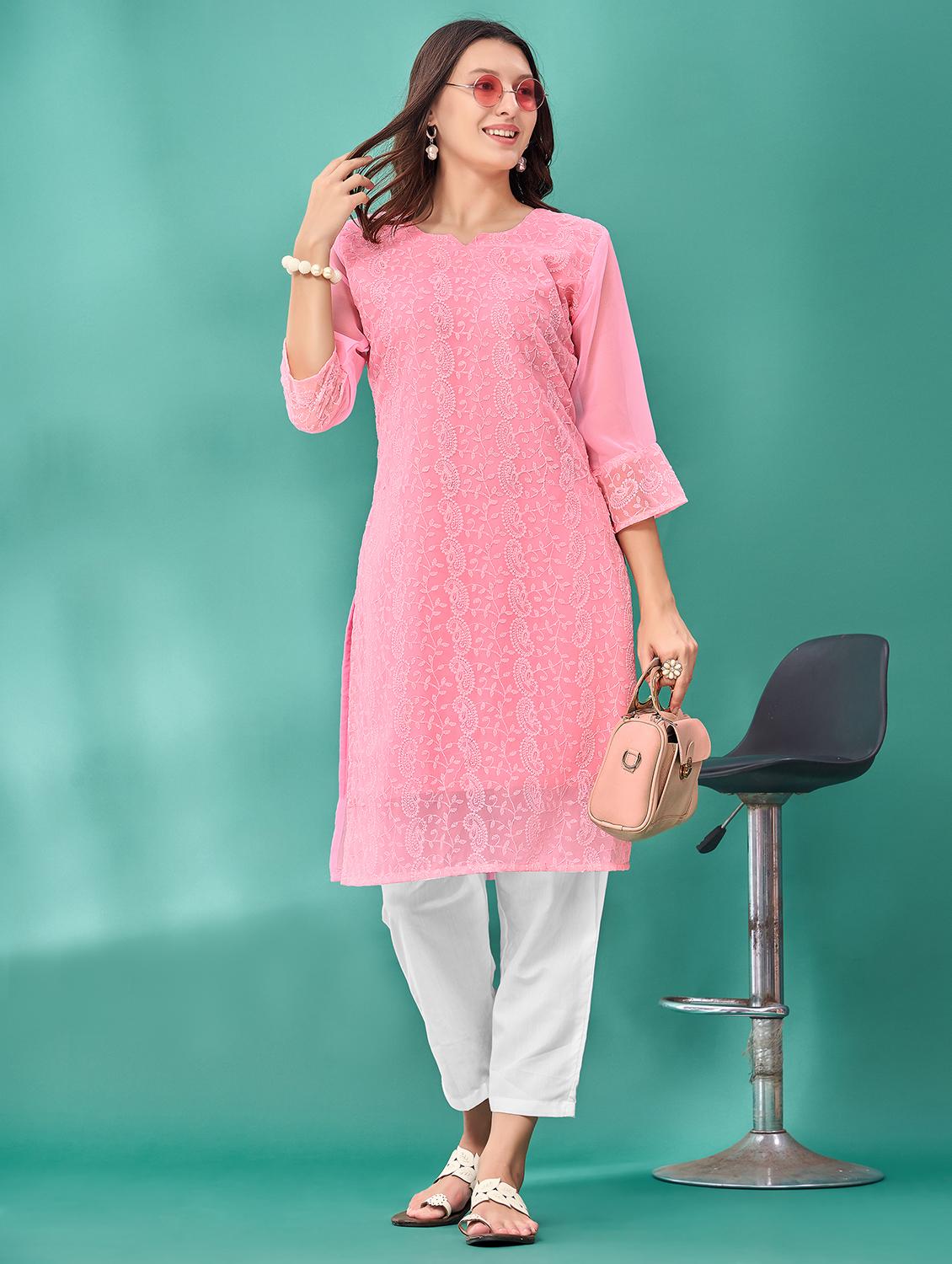 women solid with work three quarter sleeve straight kurta - 21992379 -  Zoom Image - 0