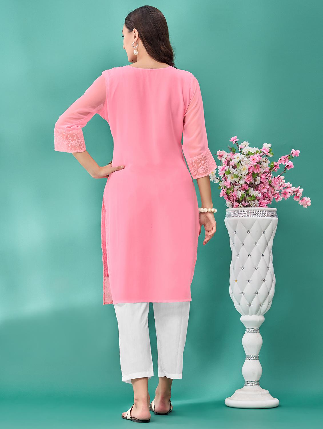 women solid with work three quarter sleeve straight kurta - 21992379 - Standard Image - 3
