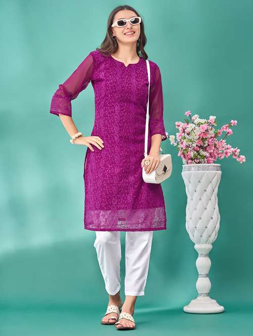 women solid with work three quarter sleeve straight kurta - 21992381 - Standard Image - 0